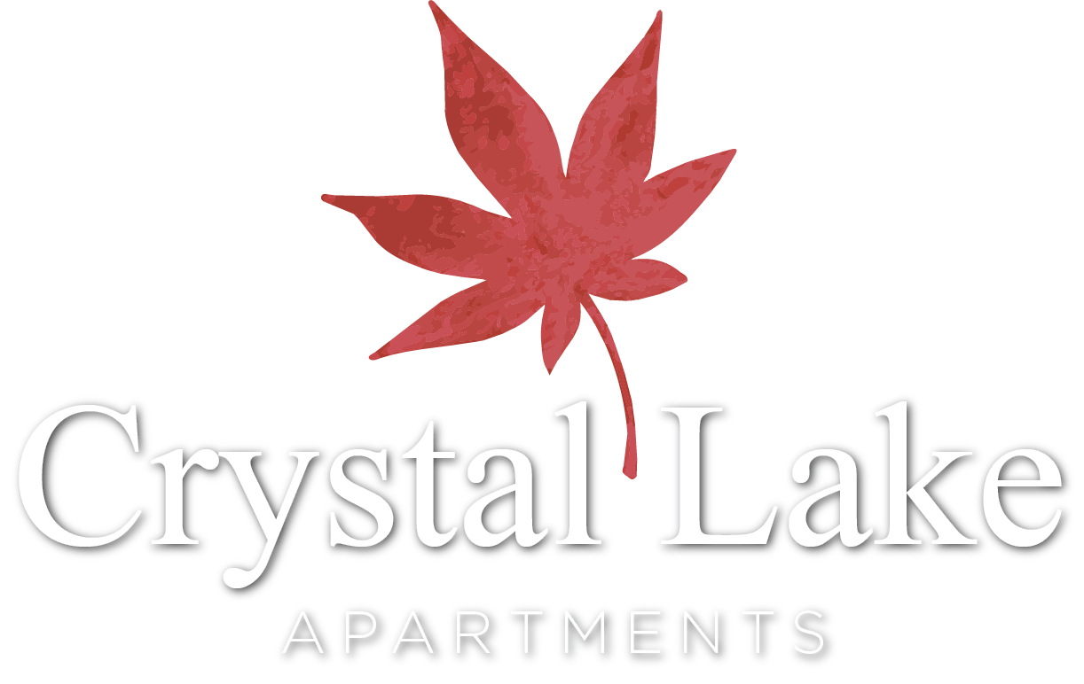 the graphic of a red leaf with the words cloudy lake apartments
